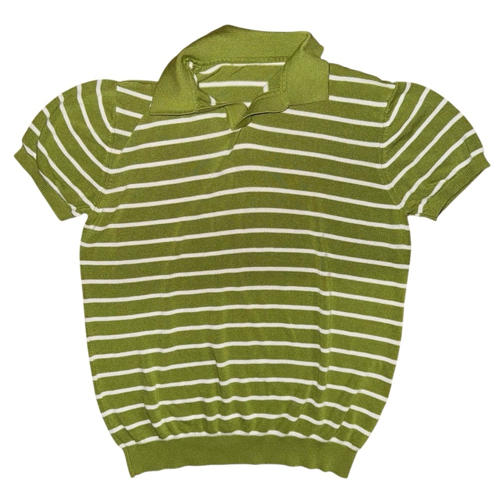Dazy Men Olive Green and White Striped Knit Polo Short Sleeve Shirt